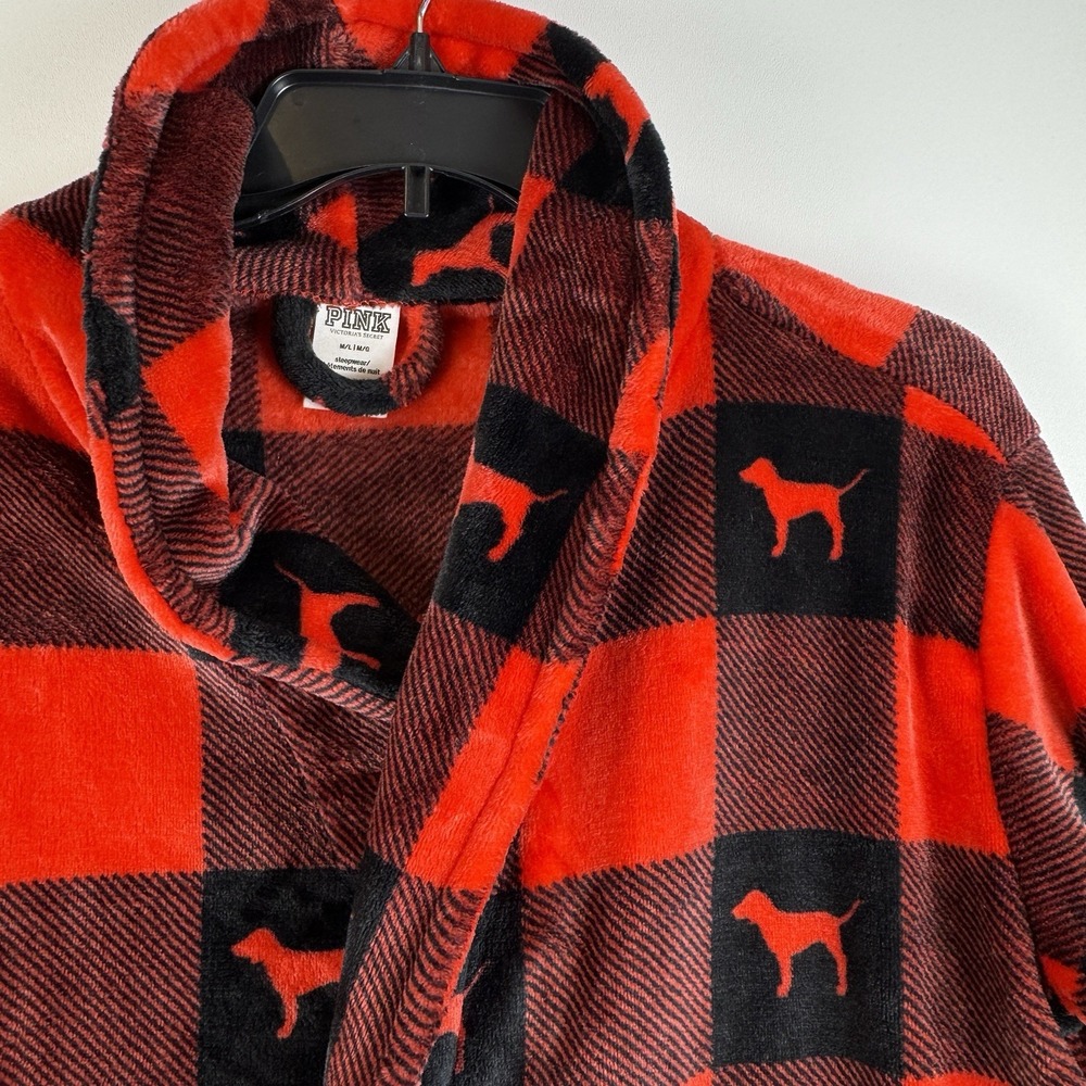 Victoria Secret's PINK Buffalo Plaid‎ Dog Logo Plush Robe W/Belt Size M/L